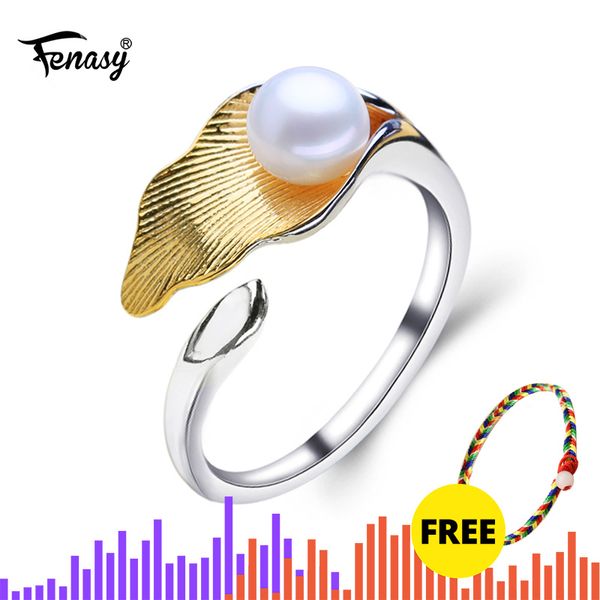 

fenasy 925 sterling silver ring female leaf shape natural freshwater pearl rings for women fine jewelry, Slivery;golden