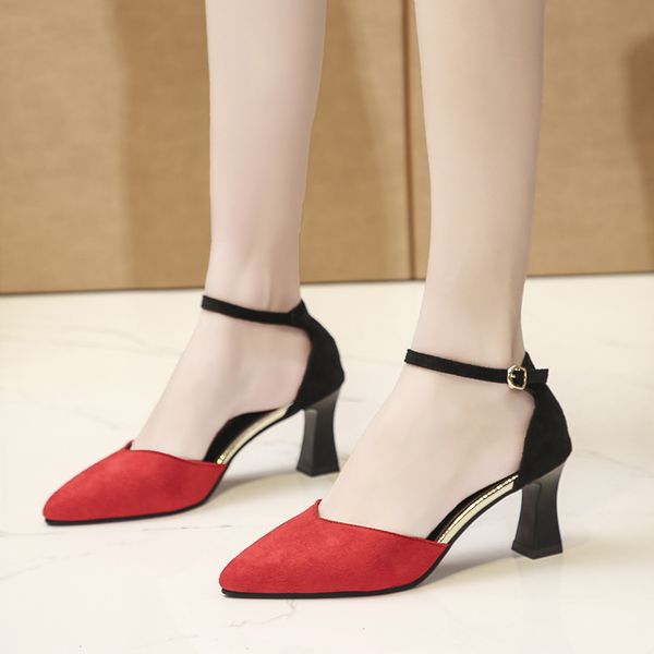

dress shoes flock high heels sandals women summer pointed toe ankle strap pumps thick heel closed black red blue 2021