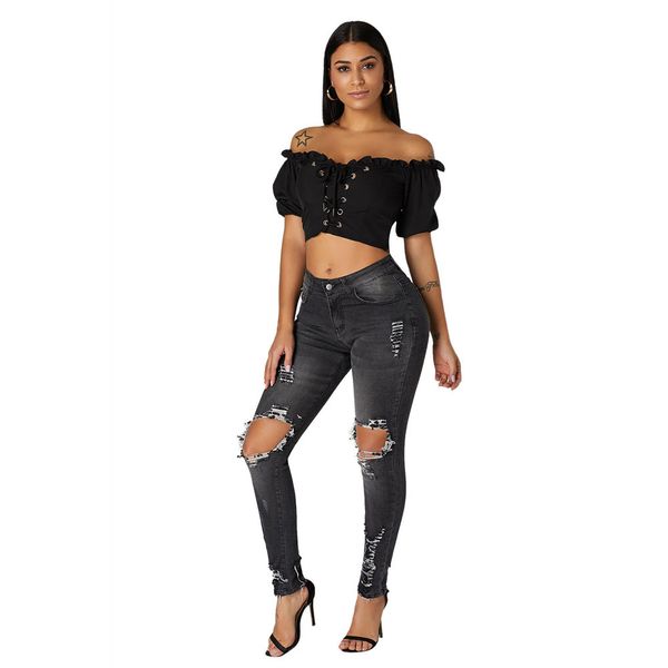 

shi ying europe and america new style women's dress solid color medium waist with holes tight-fit long skinny women's pants jean, Blue