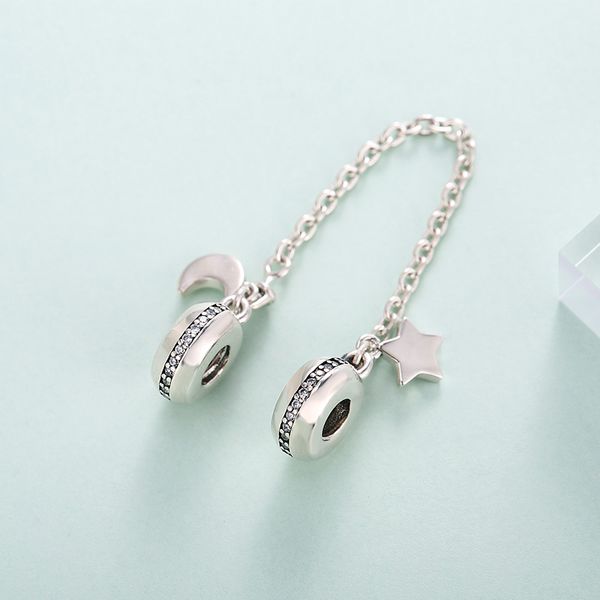 

весна подлинный реальный стерлингового серебра 925 пробы звезда и луна цепи безопасности подвески подходят браслет пандоры, Black