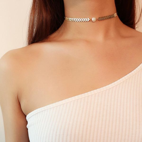 

fashion necklace fish bone chain choker with white plastic bead gold silver color plated for women wife gift, Golden;silver
