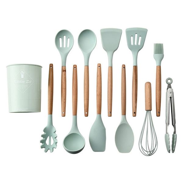 

12pcs kitchen utensil set silicone cooking utensils cooking spatula heat resistant tools with wooden handle for nonstick non scr other kitch