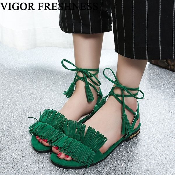 

vigor freshness women summer sandals tassel flat heels shoes fringe sandals woman shoes cross-tied dress wy291, Black