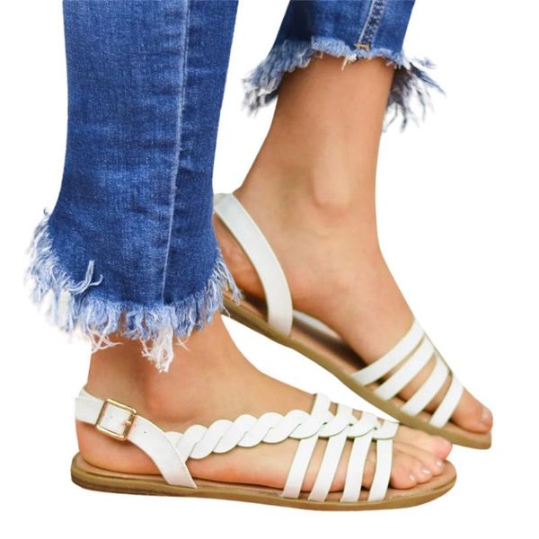 

womail women slippers summer beach women's ladies cross strap ankle buckle braided cushioned sandals roman outdoor slim shoes, Black