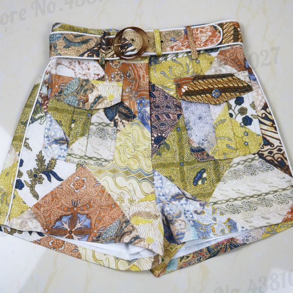 

100% linen women's fashion print high waist pocket shorts with belt, White;black