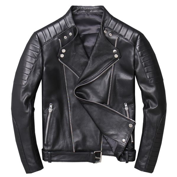 

2020 black men punk style leather jacket plus size xxxxxl genuine sheepskin slim fit short biker's leather coat ing