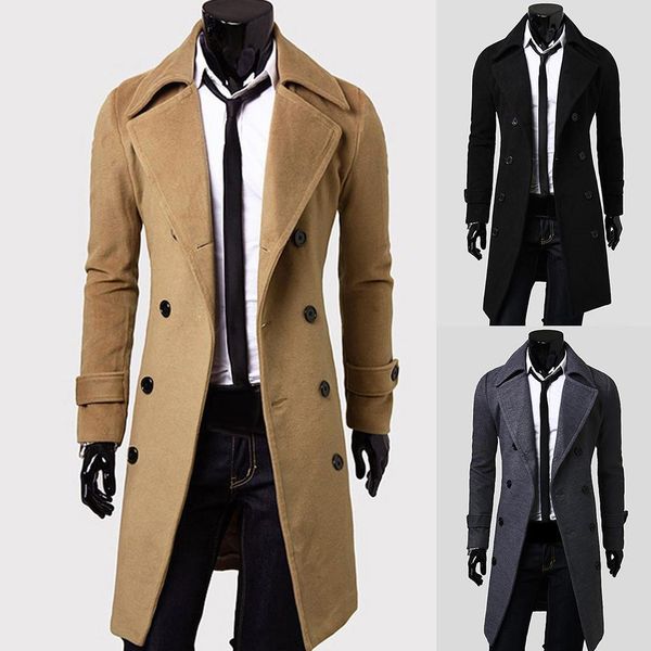 

fashion men solid color long sleeve lapel button slim fits overcoat coat outwear holyrising wool coat men coats and jackets, Black