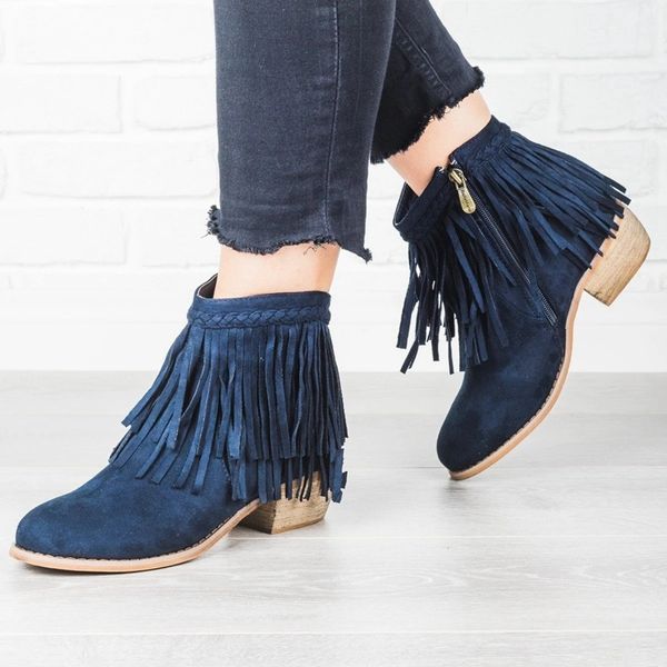 

oeak new women fringe ankle boots retro solid suede low heel female autumn zipper casual booties shoes ladies 35-43, Black