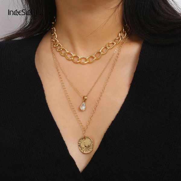 

ingesight.z многослойной vintage снаряженное кубинское толстые choker ожерелье punk резных монеты кристалл кулон ожерелье для женщин ювелирн, Silver