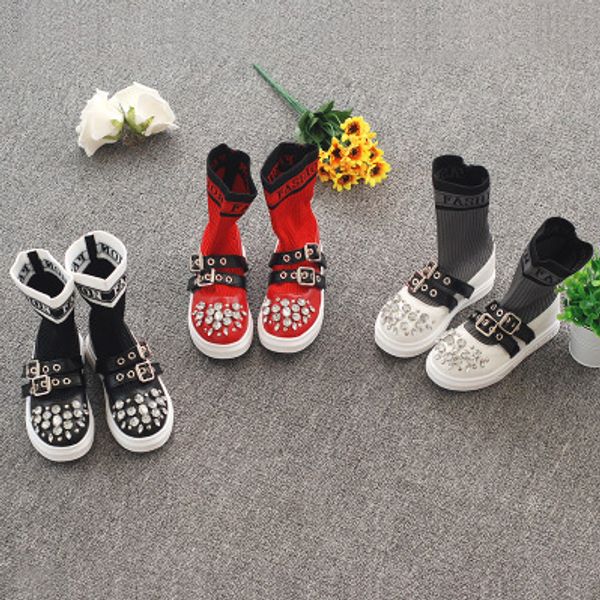 

brand children socks boots kids crystal boots girls luxury flat shoes girls designer mid-calf boot 2020 new fashion trend 3 styles, Black;grey