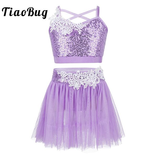 

tiaobug girls sequins crop gymnastics leotard tulle tutu ballet skirt set kids figure skating dress lyrical dance costumes, Black;red