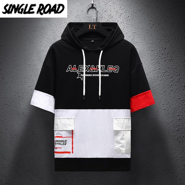 

singleroad man's hoodies men 2020 summer patchwork pockets short sleeves hip hop harajuku japanese streetwear hoodie men, Black