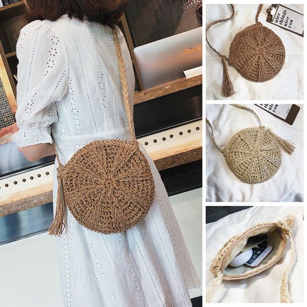 

2019 new style solid handbags women round straw bag handwoven tassel handbags knitted crossbody zipper bag tote beach
