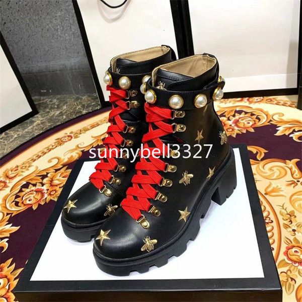 

2019 martin boots with box women's trip embroidered leather ankle boot with sylvie web hiking booties for women shoes 0gg7s1, Black