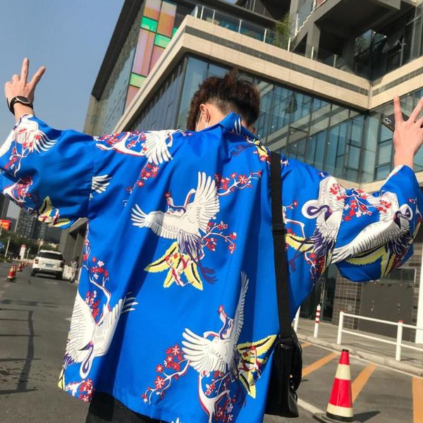 

summer men's shirt harajuku japan style kimono shirt three quarter sleeve print oversized loose casual male clothing, White;black