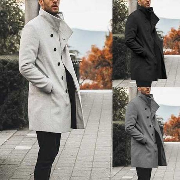 

winter fashion men medium long wool coat casual stand collar trench coat button outwear overcoat black gray