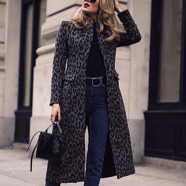 

winter trench women 2019 long coat women long sleeve windbreaker coat leopard print turndown collar vintage trench, Tan;black