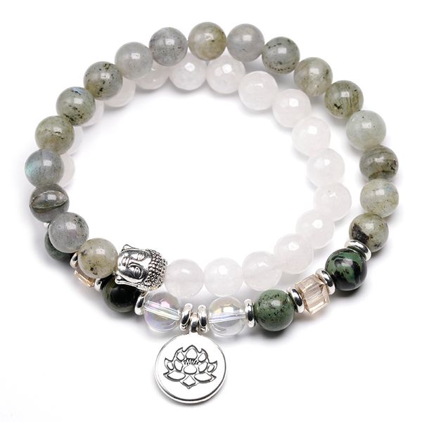 

natural labradorite beaded bracelet for women men chrysocolla with chalcedony crystal strand multi-layer bangle handmade jewelry, Black