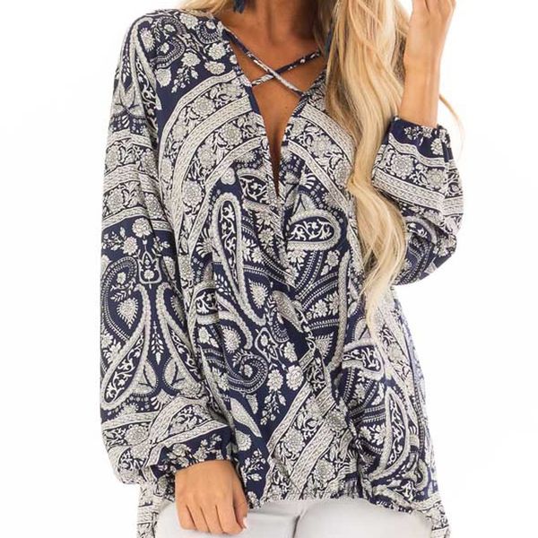 

womens and blouses autumn 2018 chiffon vintage paisley print long sleeve blouse woman clothes tunic cross ladies top, White