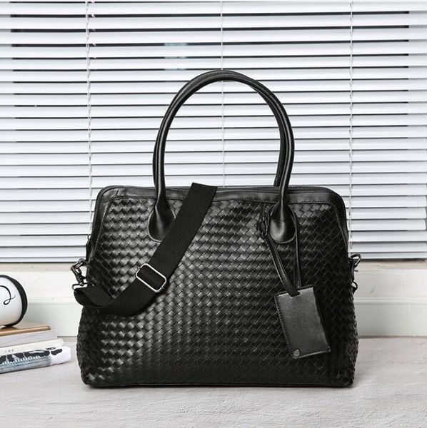 

Factory wholesale men bag hand woven portable briefcase horizontal large capacity leather computer bags hands wovens leathers shoulder handbag, Black