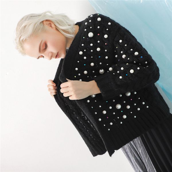 

209 new luxury european thick retro twist beaded pearl knit cardigan lazy open stitch short sweaters coat sweters women invierno, White;black