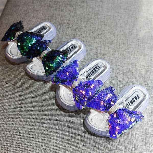 

dimi 2019 summer children girls slippers sequin bow princess shoes outdoor non-slip girl flip fop sandals, Black;grey