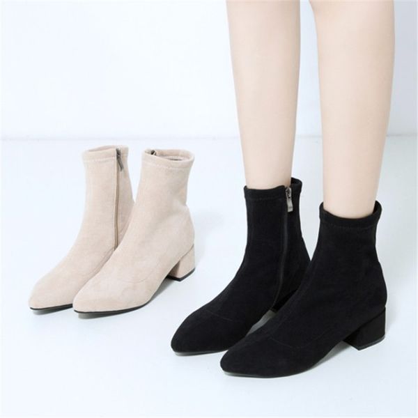 

pxelena winter warm ankle boots women chunly block med heels zip faux suede office lady daily short boots female shoes plus size, Black