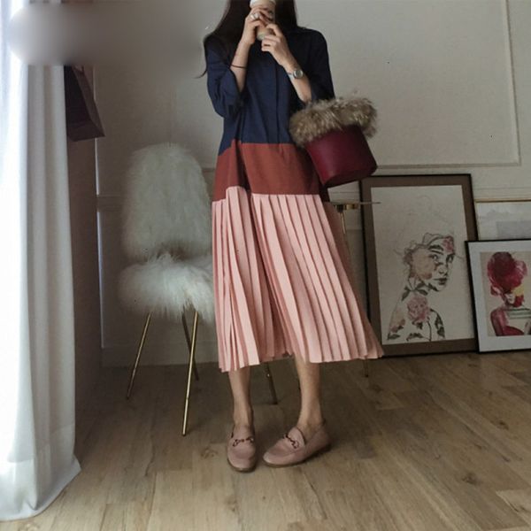 

воротник женская одежда женские платья лоскутная платье женский отворотом big midi длинные плиссированные платья полиэстер женщины весенняя, Black;gray