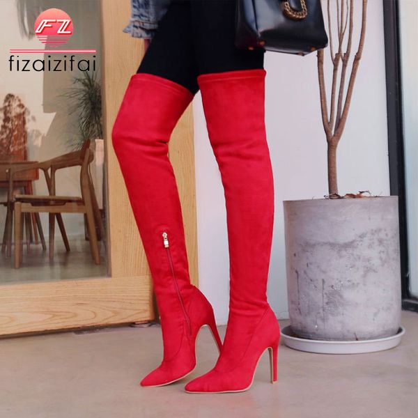 

fizaizifai women thin heels zipper over the knee boots for women zipper pointed toe suede leather boots footwear size 31-43, Black