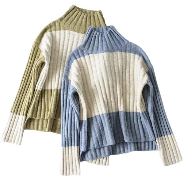 

2019 turtleneck knitted women sweaters fashion color block slim female jumper long sleeves autumn female pullovers high low, White;black