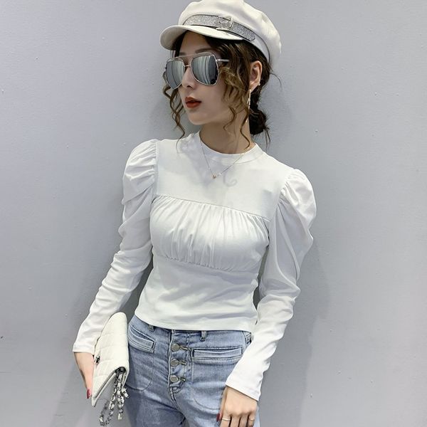 

in the early autumn of 2020 the new french retro court style pleated western style puff sleeve solid color all-match long-sleeved t-shirt fo, White