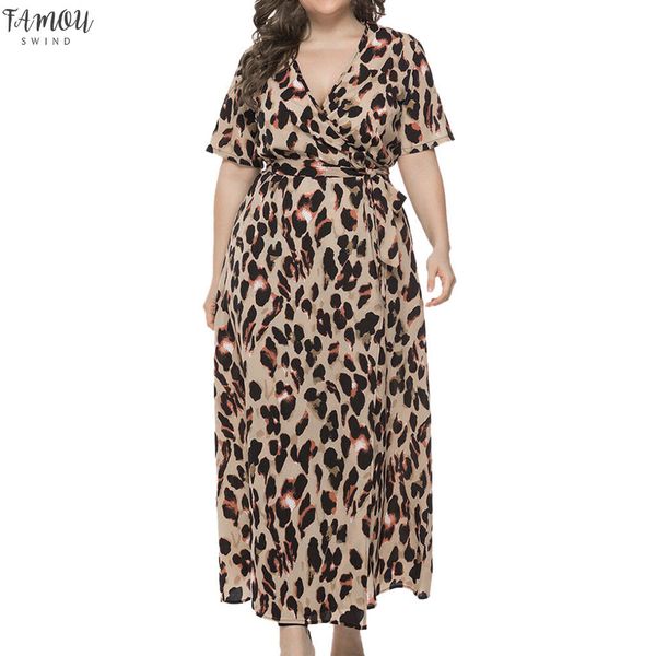 

plus size deep v neck leopard print wrap elegant dress women 2020 spring fashion long sleeve belted casual dresses, Black;gray