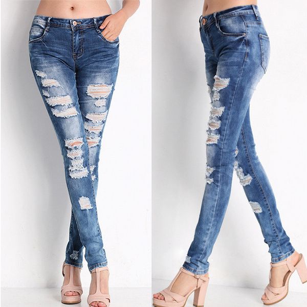 

europe and america stretch cotton with holes women's pants boyfriend pencil skinny cowboy trousers fashion, Blue