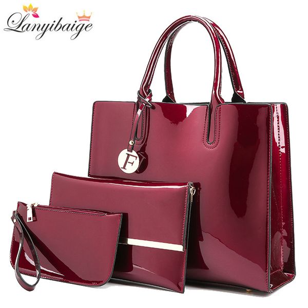 

brand 3 sets women handbags patent leather female messenger bag luxury tote+ladies shoulder crossbody bag+clutch y190620