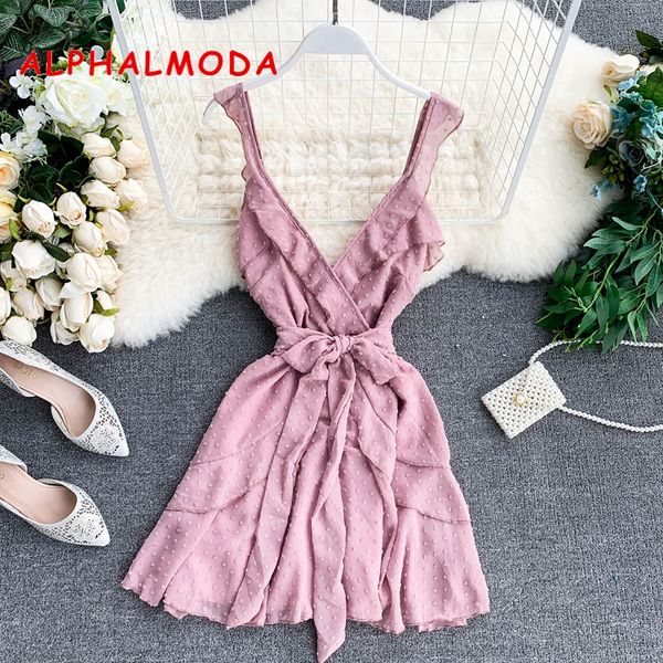

alphalmoda seaside vacation dress v-neck bobbin spinning backless short ruffled vestidos irregular ruffled mini beach dress, Black;gray