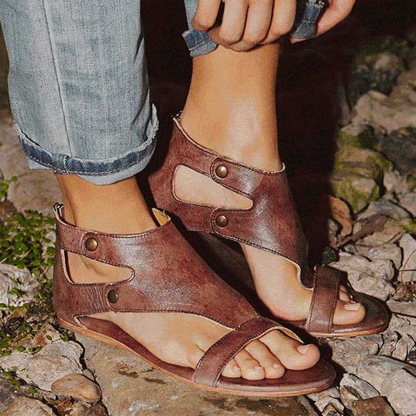 

sandals soft leather gladiator sandals women casual summer shoes female flat zip plus size 34-43 beach shoes women, Black