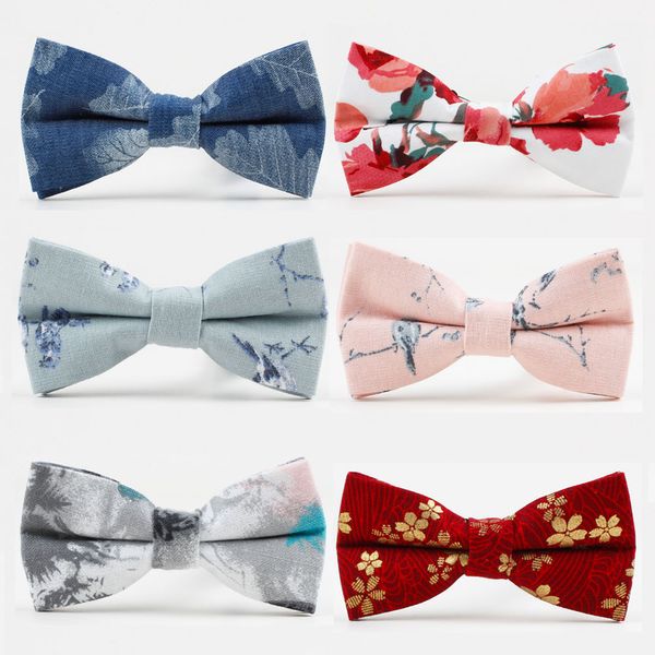 

cotton men' bow tie bird branch neck ties wedding parties perform show bowtie for shirt adjustable floral leaf print bow ties, Blue;white