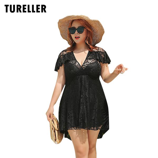 

2020 new black plus size swimsuit one piece with skirt big size ladies push up padded swimwear women lace bathing suit beachwear, White;black