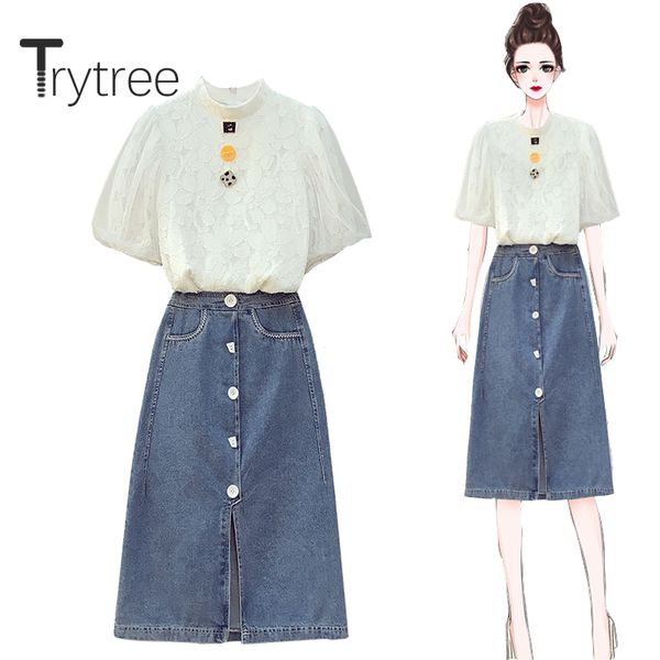 

two piece dress trytree 2021 summer women set casual stand collar lace white + cowboy skirt button split hem fashion 2
