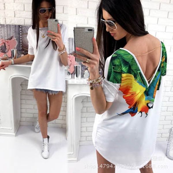 

womens fashion designer t-shirts women regular-sleeve parrot print open-back short-sleeved t-shirt girls casual 2020 new style sell, White