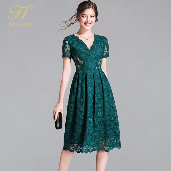 

h han queen 2019 hollow out summer dresses women fashion slim vestidos european short sleeve casual office party lace dress, Black;gray