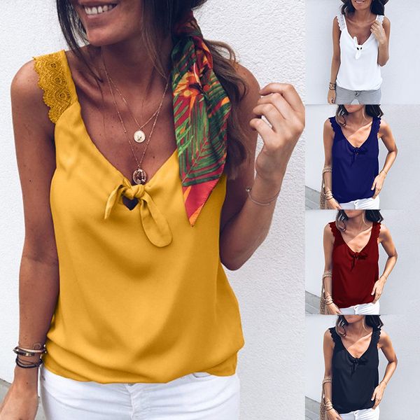 

casual bow tie lace up sleeveless tank fashion v neck summer vest backless loose haut femme ladies tee camisa, White