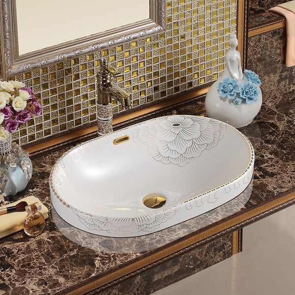 

white semi counter lavobo bathroom sink with overflow wash basin peony pattern porcelain ceramic wash basin bathroom sink