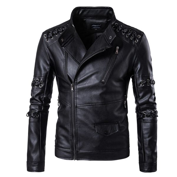 

new style men's leather clothing ouma 2019 new style cool braided rope stand collar men locomotive leather coat men's 5xl, Black