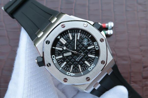 

luxury 15701black dial 42mm rubber strap bands automatic mens watch watches, Slivery;brown