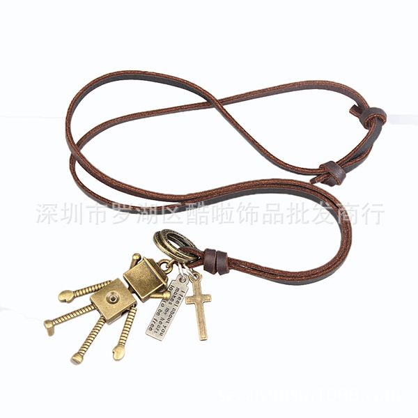 

Mens Necklace Individual Robot Pendant Alloy Retrovintage Long Sweater Chain Cowskin Necklace Europe and America Sources