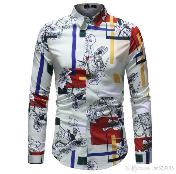 

весна мужская рубашка мода печати социальная рубашка slim fit полный рукав camisa masculina повседневная мужская одежда c414, White;black