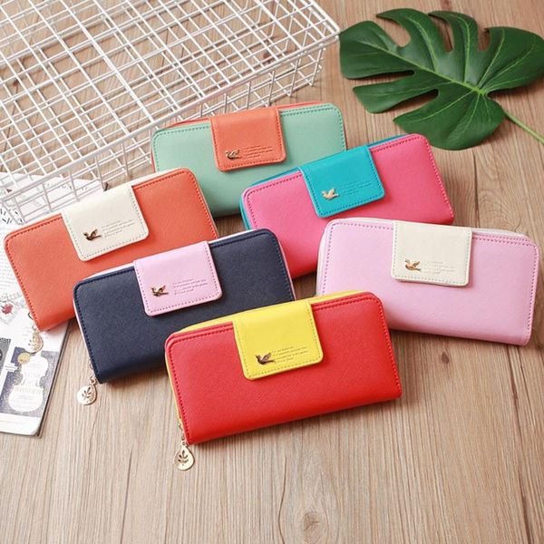 

women wallet leather case long zip button birds clutch card purse handbag female card holder casual tote clutch #p1, Red;black