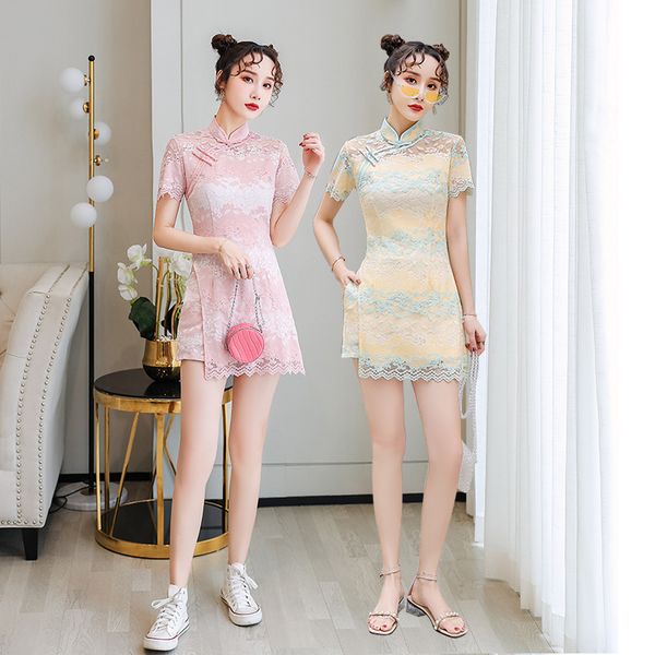 

новый стиль короткие китайский платье дамы vintage cheongsam восточные платье ткань шнурка mini qipao 2xl, Red