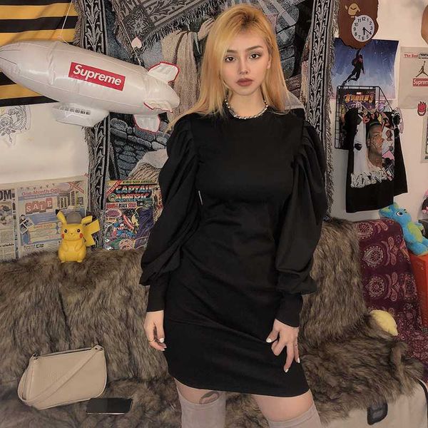

french style bubble sleeve black dress women's autumn and winter close waist stitching knitted dress streetwear elegant, Black;gray